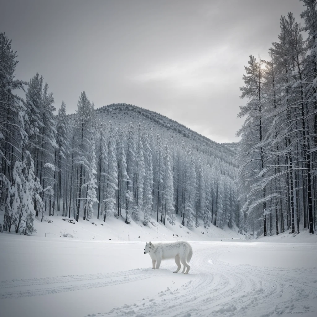 Craft a stunning artwork of a serene Arctic wolf, nestled in a snowy landscape. Emphasize the contrast of the white wolf against the wild, black backdrop. Capture the tranquility of the sleeping beast, creating a captivating wall art piece.”