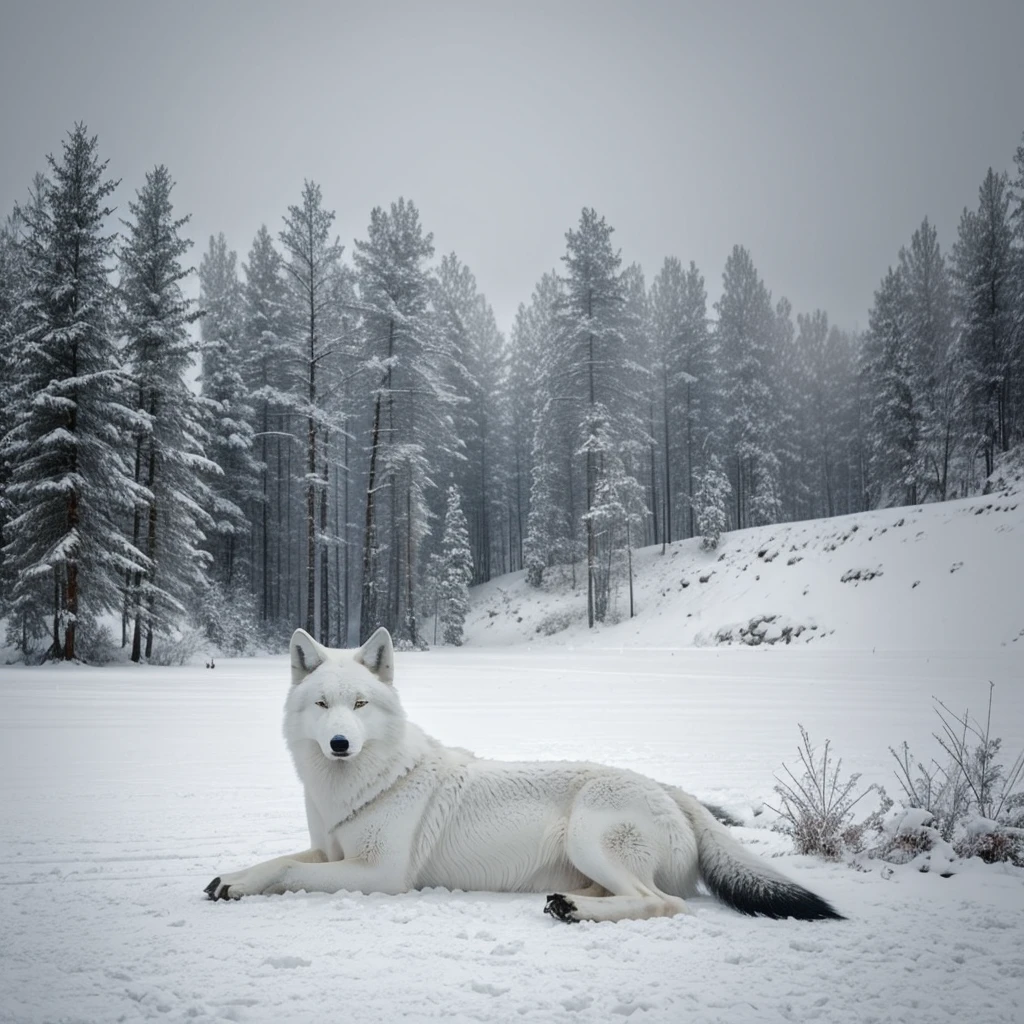 Craft a stunning artwork of a serene Arctic wolf, nestled in a snowy landscape. Emphasize the contrast of the white wolf against the wild, black backdrop. Capture the tranquility of the sleeping beast, creating a captivating wall art piece.”