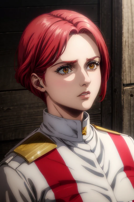 35 year old woman, channel red hair, gold eyes, neutral expression, White military uniform, liberia, Marley