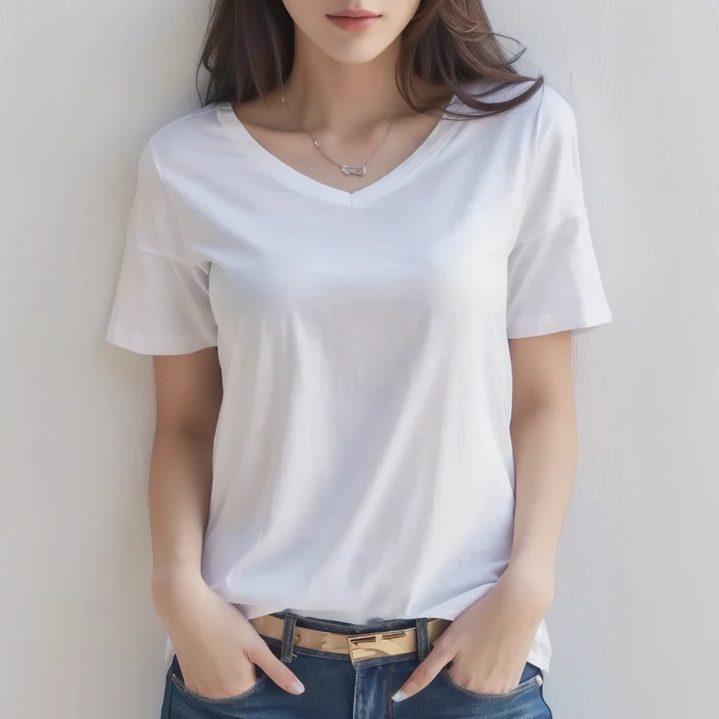 Ala Fed woman in white shirt and jeans poses for photo, White T-shirt, plain White T-shirt, White T-shirt, White T-shirt, White T-shirtを着て, Short sleeve, casual white garment, Wearing a white V-neck top, Trendy white clothes, V-shaped clothing with an open neckline, White fashionable clothes, Modern casual wear, Wearing a white shirt