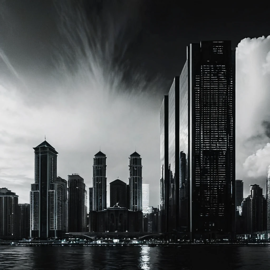 A cinematic skyline view, split screen. Visualize a megacity divides into two parts. One part of the megacity is in film noir style with black and white filter, the second part is colored, cyberpunk styled cyberpunk megacity, photographic, realistic, volumetric lighting, cinematic lighting, contrast lighting, sharp focus, depth of field, raw photo, hdr, uhd, 4k, 35mm film