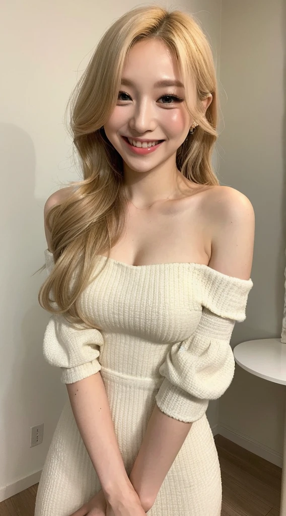Surreal beautiful woman with blonde wavy hair.Long ponytail hairstyle.With a big smile on his face.South Korea.Pure white off-shoulder low-cut dress.role play
