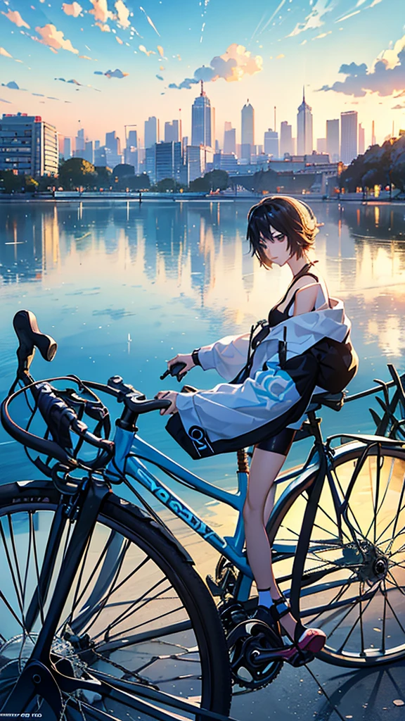 There was a bicycle parked on the side of the road near the water., Detailed digital illustrations, Makoto Shinkai Cyril Rolando, city background, Detailed 2D illustrations, Stylish digital illustrations, phone wallpaper, amazing wallpaper, in the form of digital illustrations, background artwork, Phone Background, Detailed digital painting, Lo-fi illustration style, bicycle in the background, landscape art