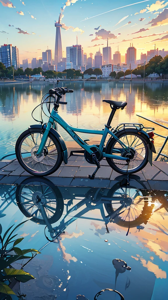 There was a bicycle parked on the side of the road near the water., Detailed digital illustrations, Makoto Shinkai Cyril Rolando, city background, Detailed 2D illustrations, Stylish digital illustrations, phone wallpaper, amazing wallpaper, in the form of digital illustrations, background artwork, Phone Background, Detailed digital painting, Lo-fi illustration style, bicycle in the background, landscape art