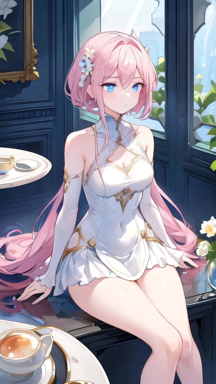 full body, Woman, sitting, shoulder length pink hair, pale skin, ((sky blue eyes)), ((glowing_eyes)), (((ultra detailed eyes:0.8, beautiful and detailed face, detailed eyes:0.9))), ((three-quarter view)), indoor, ((tea room, water feature, flowers:0.9)), medium breasts, looking down at teacup, ((deep in thought)), ((graceful hands)), (((head, arms, hips visible, elbows, thighs visible))), gentle smile, soft lighting, indoor, ((interior, elegant setting)), 27 years old, ((thoughtful expression)), (((warm))), ((calm)), (((high contrast)))