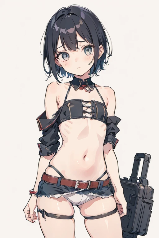 Girl, {}, flat chest, messy short hair, tattered clothes, dirty, poor