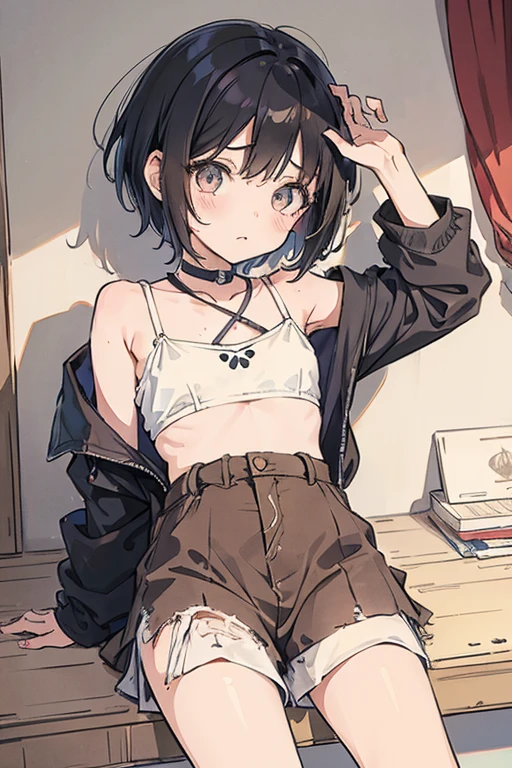 Girl, {}, flat chest, messy short hair, tattered clothes, dirty, poor