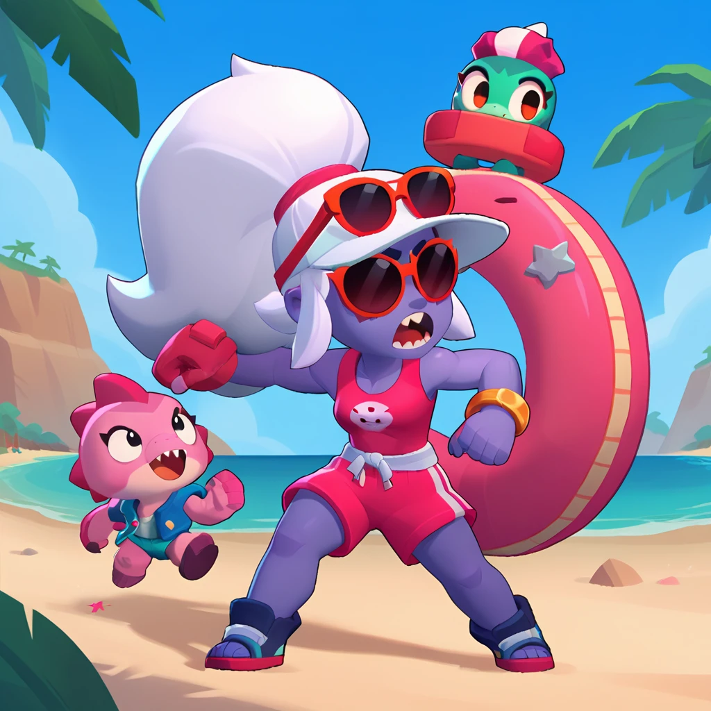 full body view of a dinosaur, dark blue skin, pink scales, female, dressed in a red swimsuit and sunglasses, with a pink and white buoy, dinosaur animal, fight, brawl stars