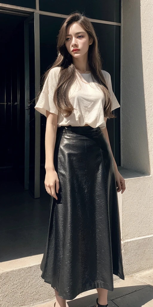 (Young woman at 25: 1.3), (Long hair: 1.2), (Professional skirt: 1.2), (Daytime: 1.2), (Square: 1.2), cinematic lighting, Surrealism, UHD, curate, Super detail, textured skin, High detail, Best quality, 8k, masterpiece, HDR.