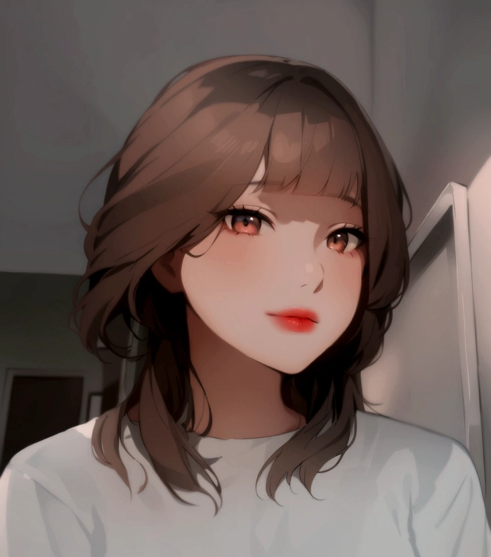 a close up of a woman with a white shirt and red lipstick, with short hair, the hime cut, neat hair with bangs, white hime cut hairstyle, with bangs, with short hair with bangs, soft hair, with round face, mid - length hair, ruan cute vtuber, ulzzang, brown hair with bangs, 🤤 girl portrait, fluffy bangs