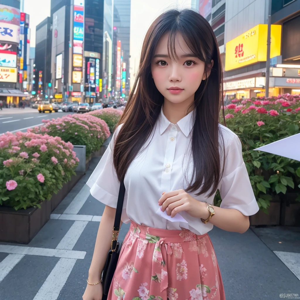 masterpiece, best quality,photorealistic,8k raw photo,midjourney style,, a high-resolution, wide-angle photo of a pretty Viet Nam girl face like Han So-Hee standing in a Tokyo city during the day. The photo should have cinematic lighting and the person should be wearing a flower in their hair. There should also be colorful paper airplanes flying around them