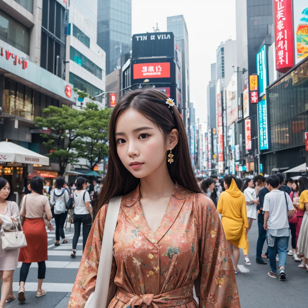 masterpiece, best quality,photorealistic,8k raw photo,midjourney style,, a high-resolution, wide-angle photo of a pretty Viet Nam girl face like Han So-Hee standing in a Tokyo city during the day. The photo should have cinematic lighting and the person should be wearing a flower in their hair. There should also be colorful paper airplanes flying around them