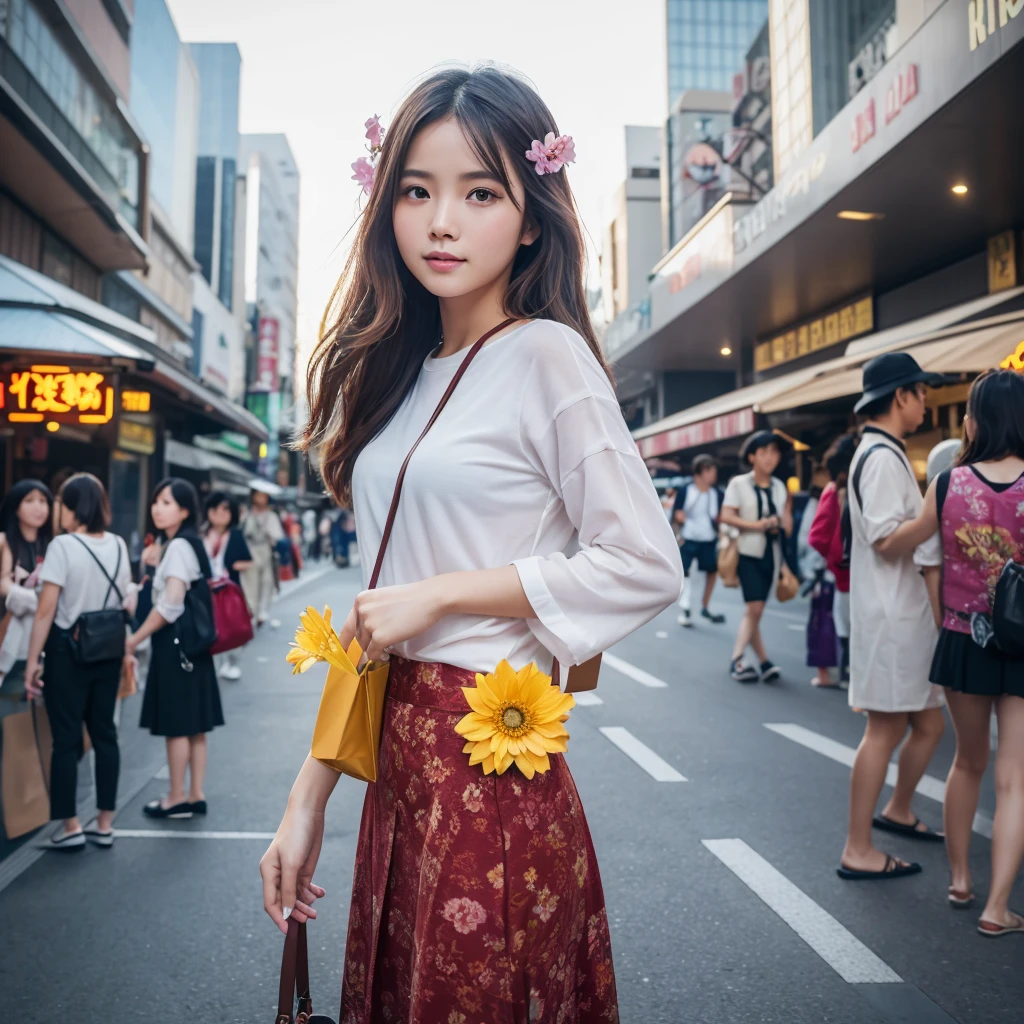 masterpiece, best quality,photorealistic,8k raw photo,midjourney style,, a high-resolution, wide-angle photo of a pretty Viet Nam girl face like Han So-Hee standing in a Tokyo city during the day. The photo should have cinematic lighting and the person should be wearing a flower in their hair. There should also be colorful paper airplanes flying around them