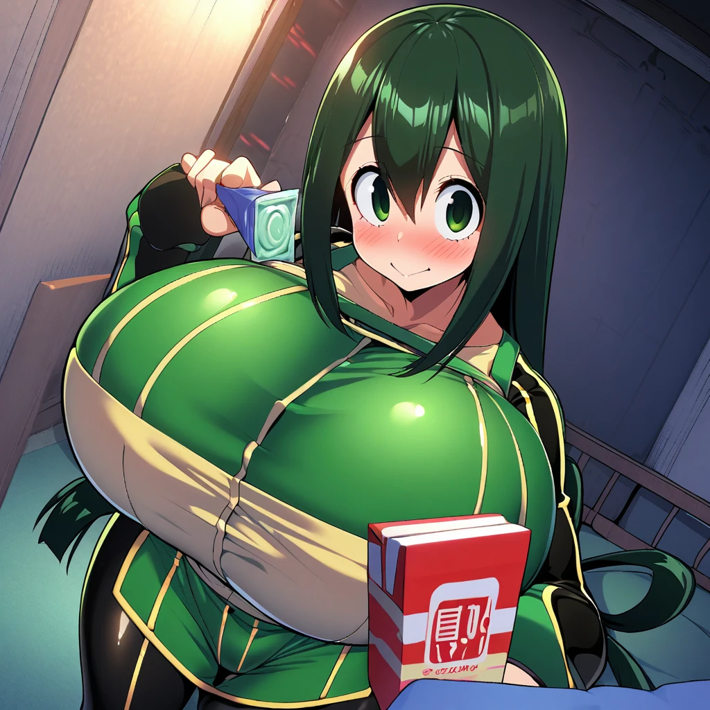 asui tsuyu,1girl,solo,Females in heat,blush,gigantic huge breasts,condom box in right hand,looking at viewer,standing up,night,in room