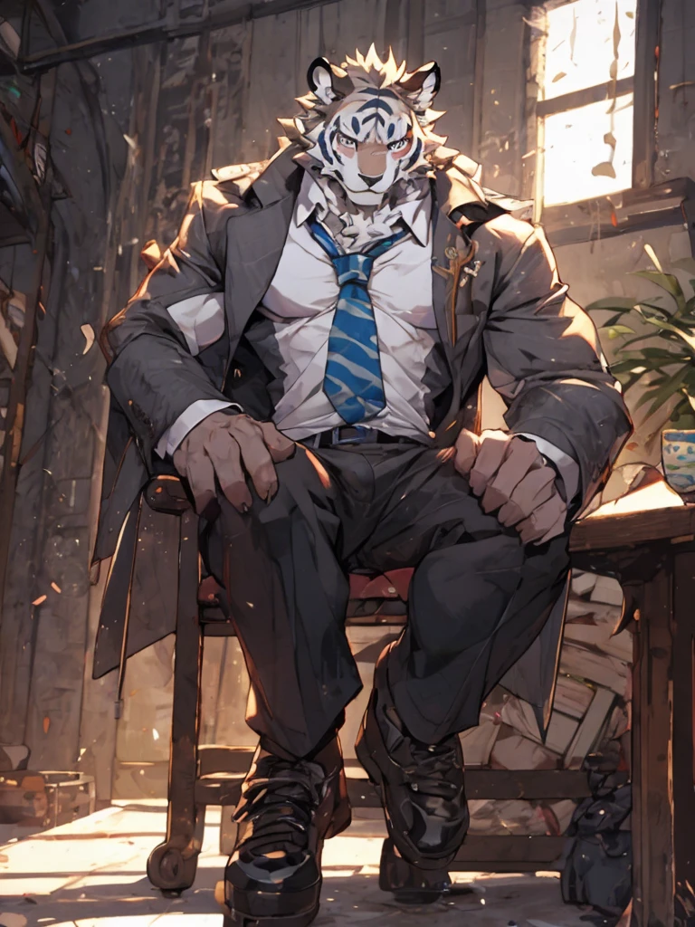 {{bara extremely handsome white tiger,}} {{white fur,}} white, wearing military like purple trench coat, purple trousers, white dress shirt and necktie, white fluffy furry body and limbs, loafers, very tall, very broad shoulders, narrow waist, muscular arms, massive pecs, purple eyes, very long legs, sitting on swivel chair with legs spread, from below perspective, massive bulge, sophisticated hot look, sexy pose, full body, sunlight casting over, 3/4 view, best quality, high quality, silver earring on left ear, sultry smirk