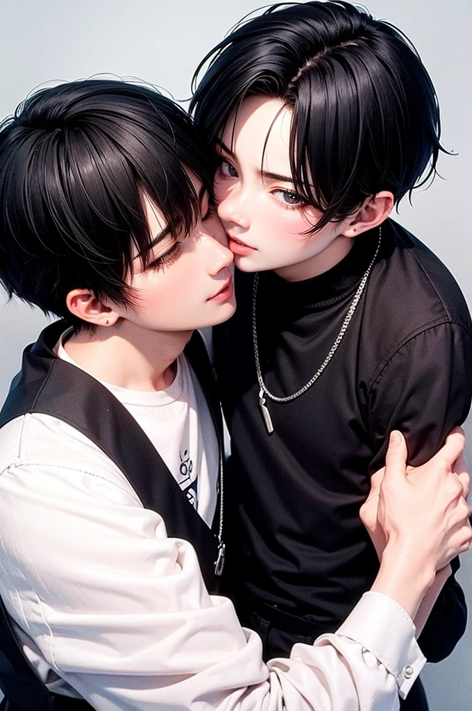 two men of different heighten and little men、Black-haired man、Man hugging each other、A detailed face、Happy expression on face、Lovers、Boys Love