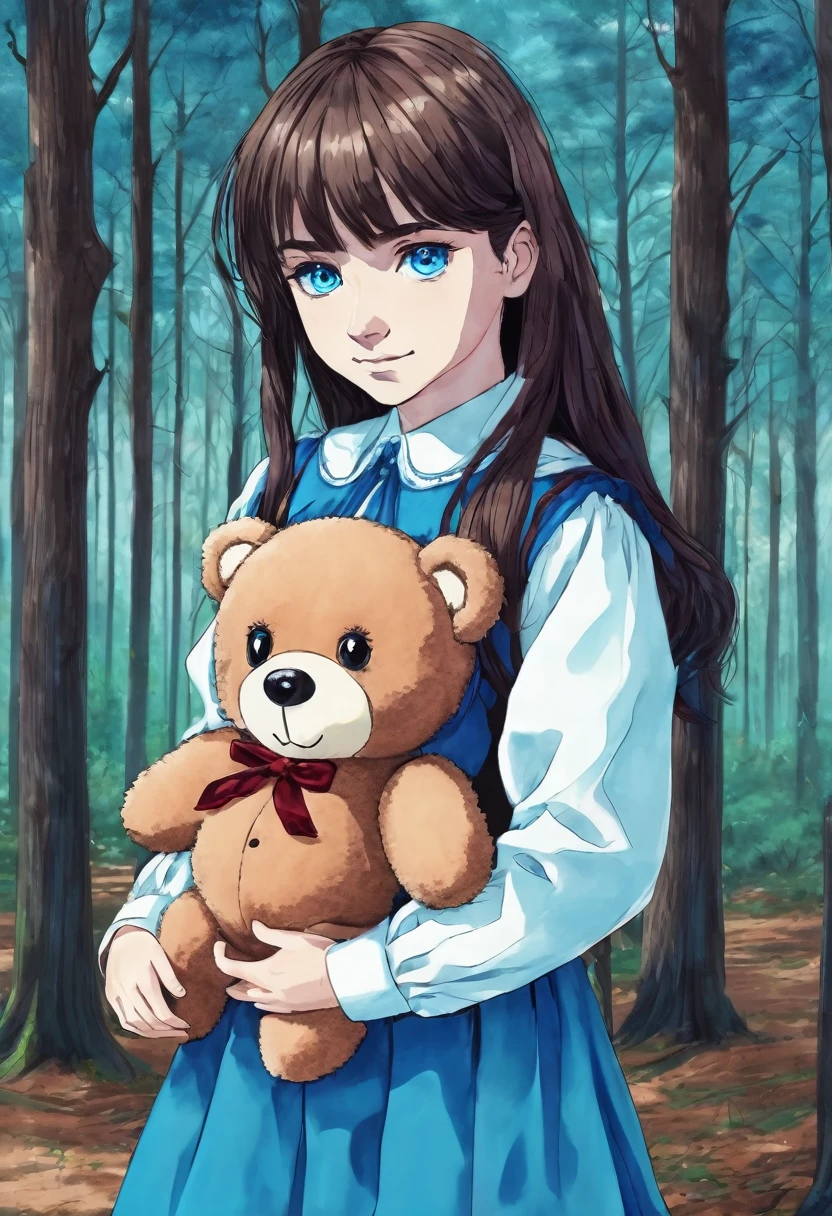 , hideous smile, holding a teddy bear in one hand, creepy, olhar malicioso, blue colored eyes, forest background, drawning, blue dress, intense stare, long hair