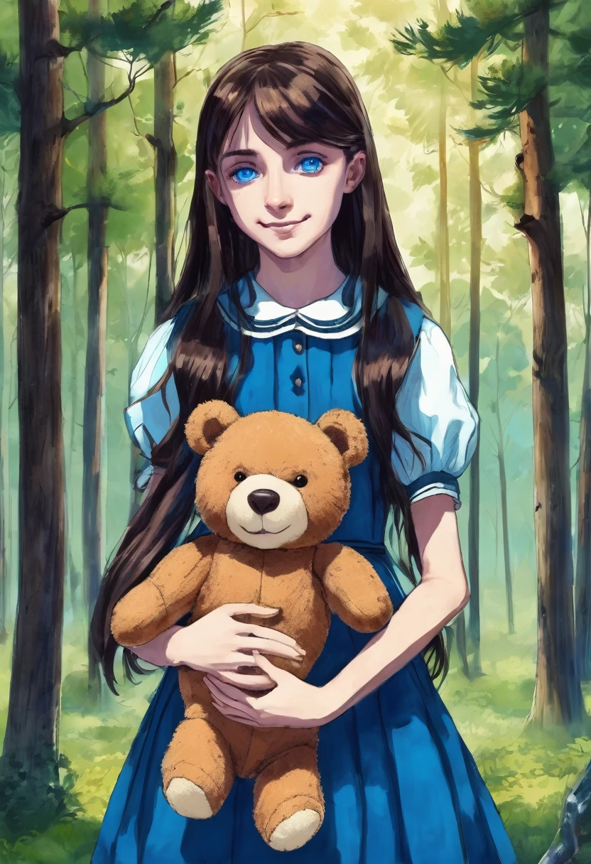 , hideous smile, holding a teddy bear in one hand, creepy, olhar malicioso, blue colored eyes, forest background, drawning, blue dress, intense stare, long hair