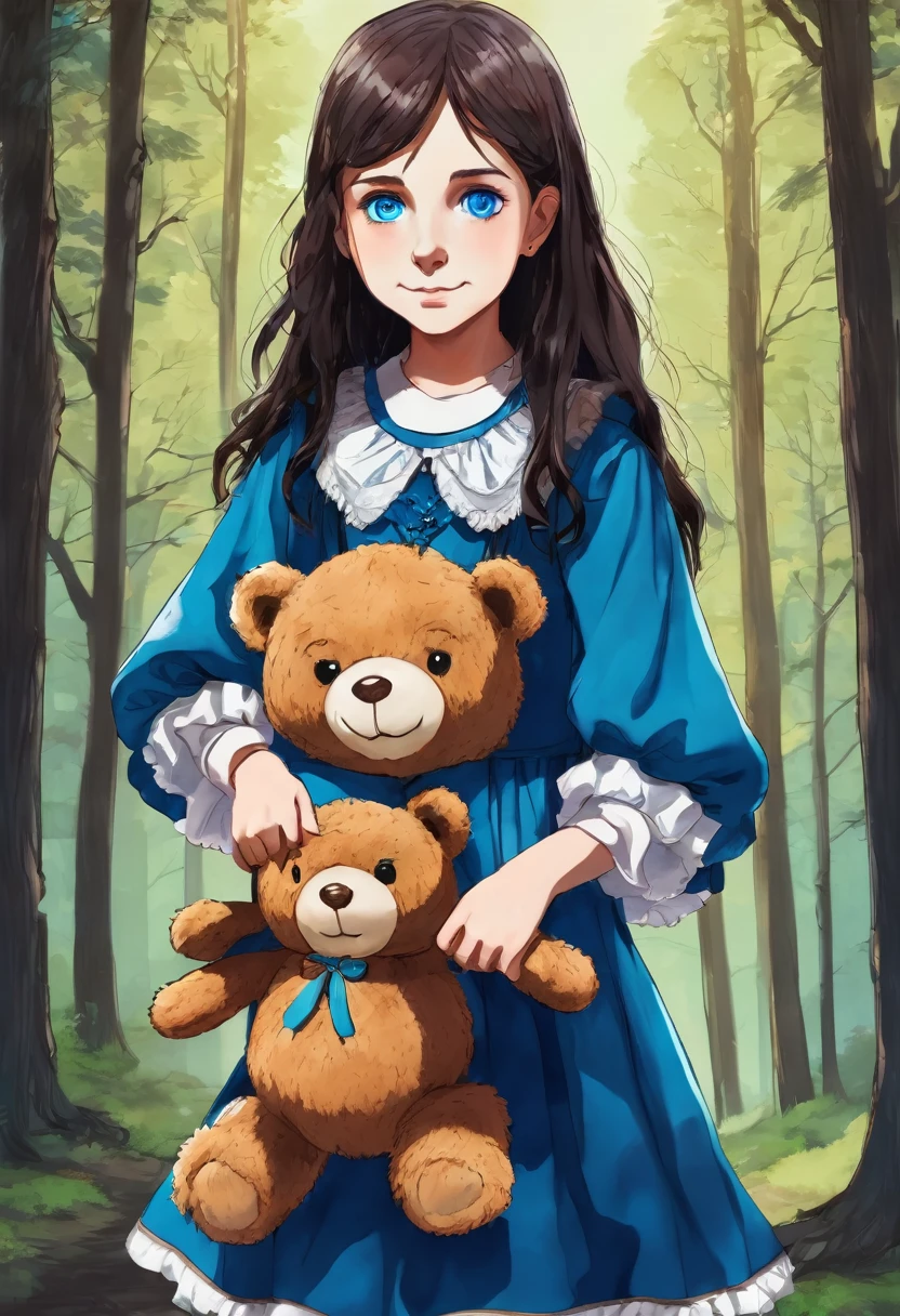 13 years old, hideous smile, holding a teddy bear in one hand, creepy, olhar malicioso, blue colored eyes, forest background, drawning, blue dress, intense stare, long hair