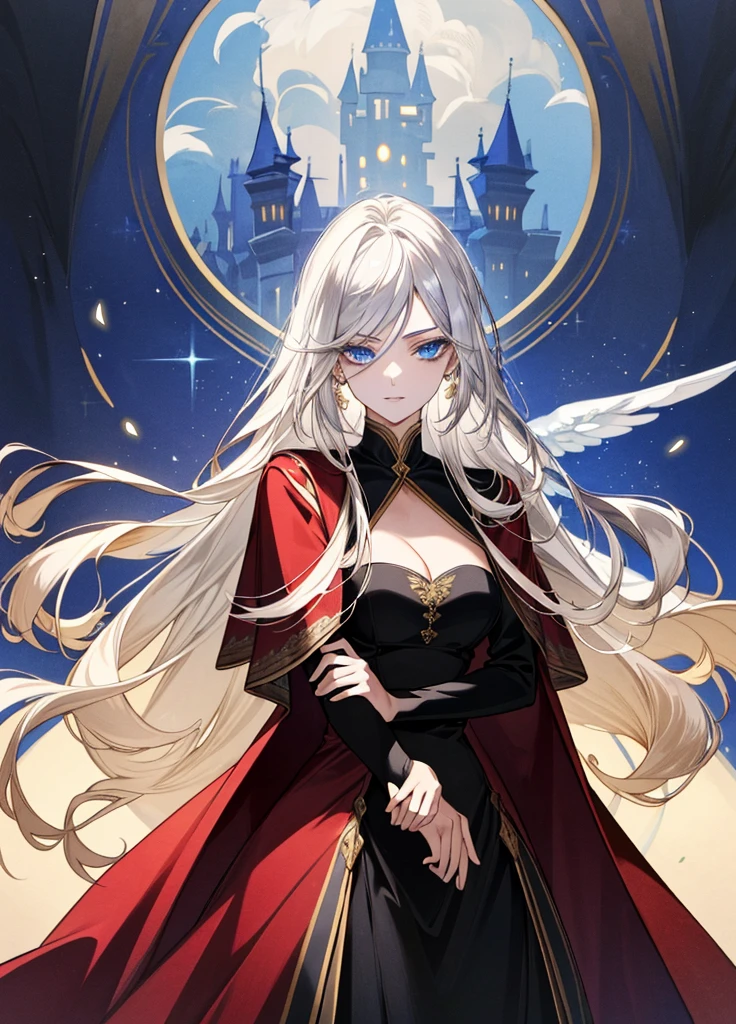 (work of art: 1.2), (best qualityer: 1.2) adolescent, mellow, Height (1.70), about 18 years old, silver hair(offwhite), slickedback hair, long hair, tied up hair, sapphire blue eyes, gold eyes, perfects eyes, Delicate Eyes, realisticeyes, natural eyes, Long eyelashes, anime styling, face perfect, fleshy lips, ssmile, mellow, , steep busts, skin fair, natural body, , posing with arms crossed , wearing a red and black dress, long robe, cape back dress, Broad Hips, gazing at viewer, Background setting, set in an old castle, supernatural castle, posing from the front., Demonic Angel, regard froid, black and tight dress with red interior 
