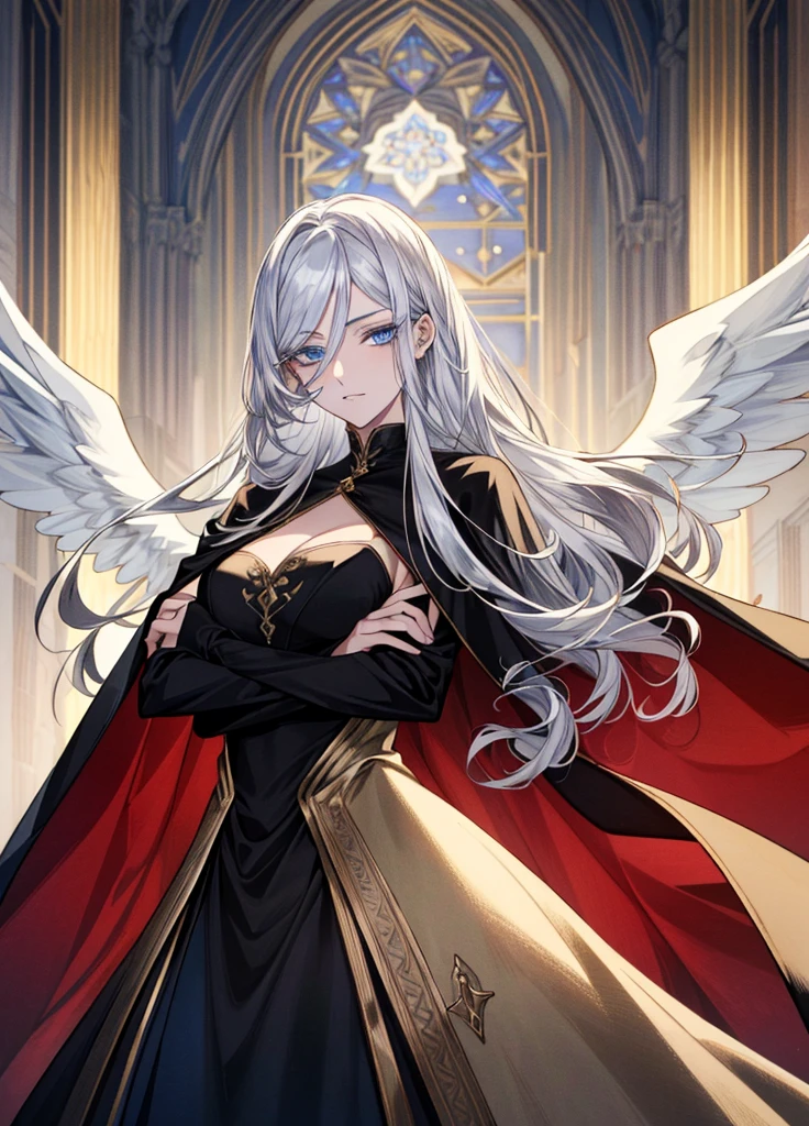 (work of art: 1.2), (best qualityer: 1.2) adolescent, mellow, Height (1.70), about 18 years old, silver hair(offwhite), slickedback hair, long hair, tied up hair, sapphire blue eyes, gold eyes, perfects eyes, Delicate Eyes, realisticeyes, natural eyes, Long eyelashes, anime styling, face perfect, fleshy lips, ssmile, mellow, , steep busts, skin fair, natural body, , posing with arms crossed , wearing a red and black dress, long robe, cape back dress, Broad Hips, gazing at viewer, Background setting, set in an old castle, supernatural castle, posing from the front., Demonic Angel, regard froid, black and tight dress with red interior