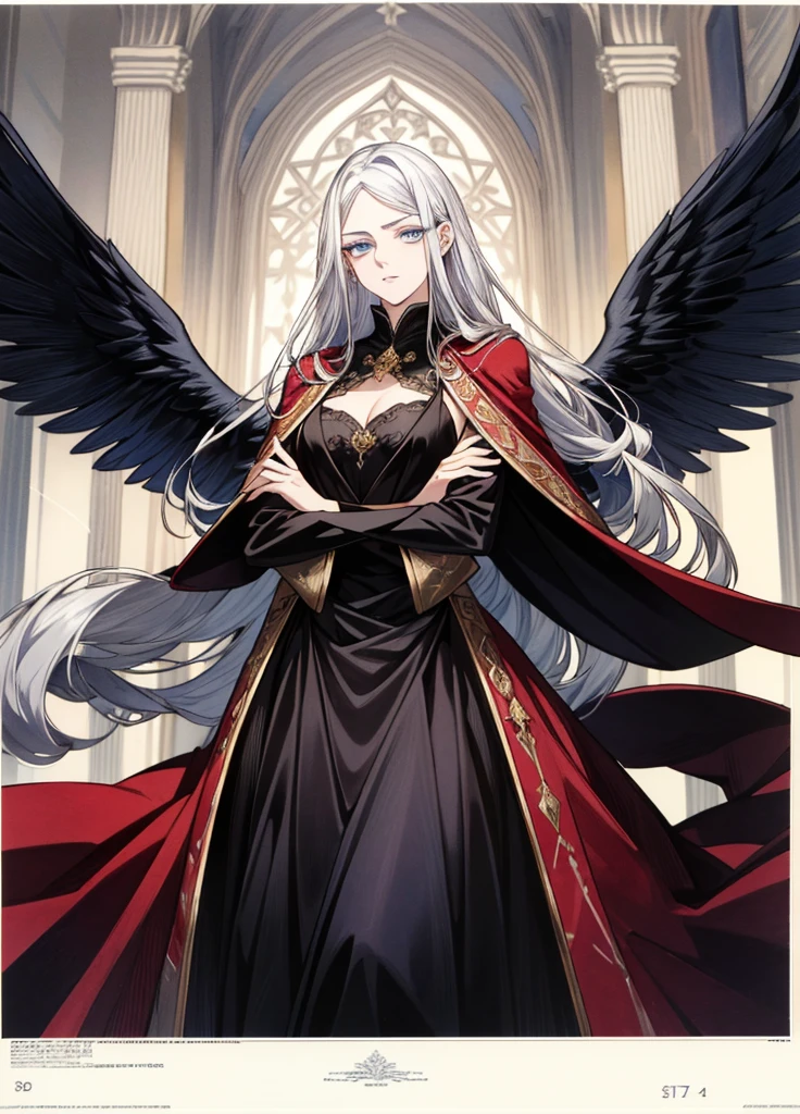 (work of art: 1.2), (best qualityer: 1.2) adolescent, mellow, Height (1.70), about 18 years old, silver hair(offwhite), slickedback hair, long hair, tied up hair, sapphire blue eyes, gold eyes, perfects eyes, Delicate Eyes, realisticeyes, natural eyes, Long eyelashes, anime styling, face perfect, fleshy lips, ssmile, mellow, , steep busts, skin fair, natural body, , posing with arms crossed , wearing a red and black dress, long robe, cape back dress, Broad Hips, gazing at viewer, Background setting, set in an old castle, supernatural castle, posing from the front., Demonic Angel, regard froid, black and tight dress with red interior 
