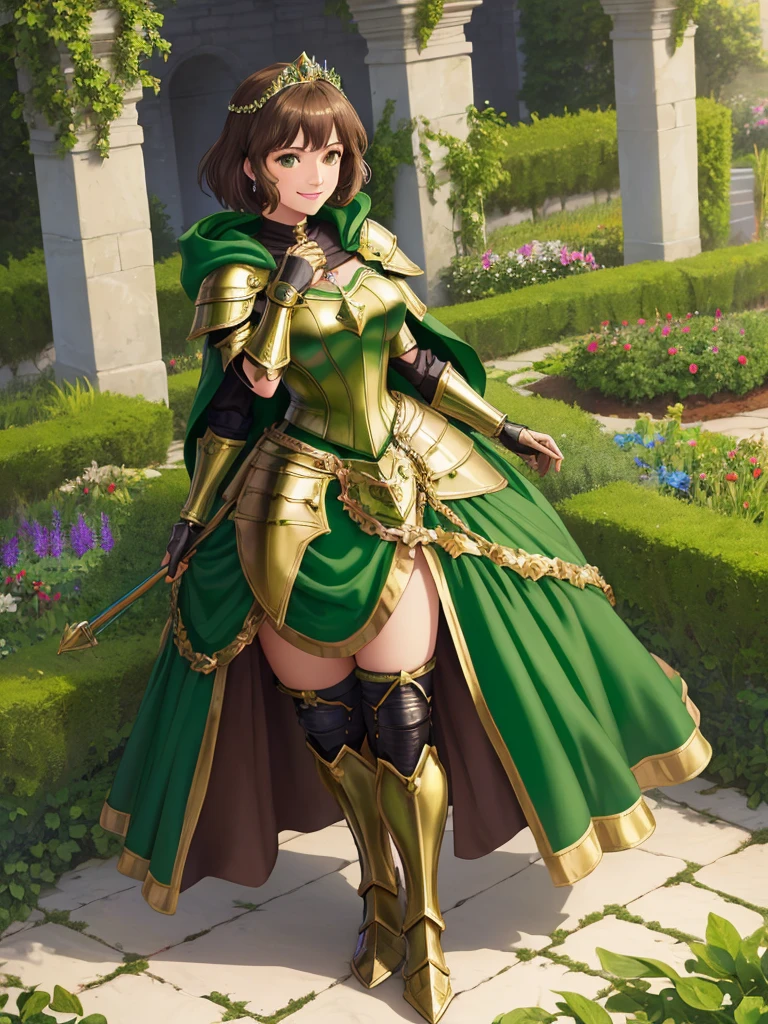 masterpiece, best quality:1.2), 1girl, smile, looking at viewer, green eyes, short brown hair, princess, armor, , pauldrons, armored dress, green cloak cape, wearing puffy blue ballgown skirt, golden tiara with green gem, armored boots, fingerless gloves, standing in medieval garden