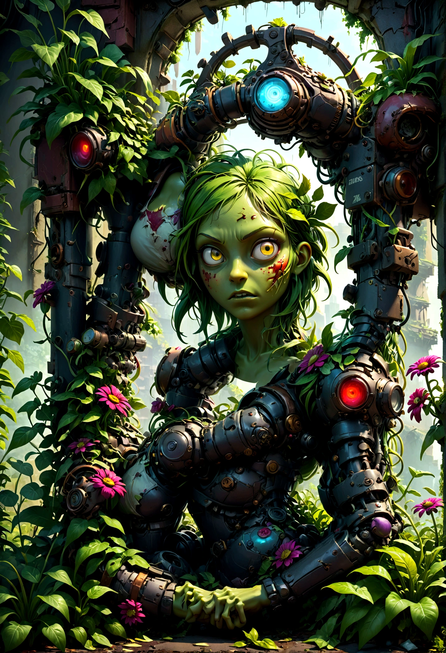 Plants vs. Zombies, detailed plants vs zombies, botanical garden, overgrown greenery, nature vs technology, vibrant colors, lush foliage, decaying ruins, post-apocalyptic, dark fantasy, cinematic lighting, dramatic shadows, highly detailed, intricate textures, 8k, masterpiece, best quality, very aesthetic, absurdres