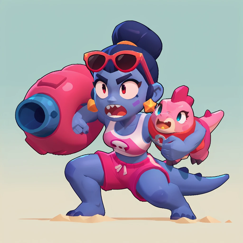 full body view of a dinosaur, dark blue skin, pink scales, female, dressed in a red swimsuit and sunglasses, with a pink and white buoy, dinosaur animal, fight, brawl stars
