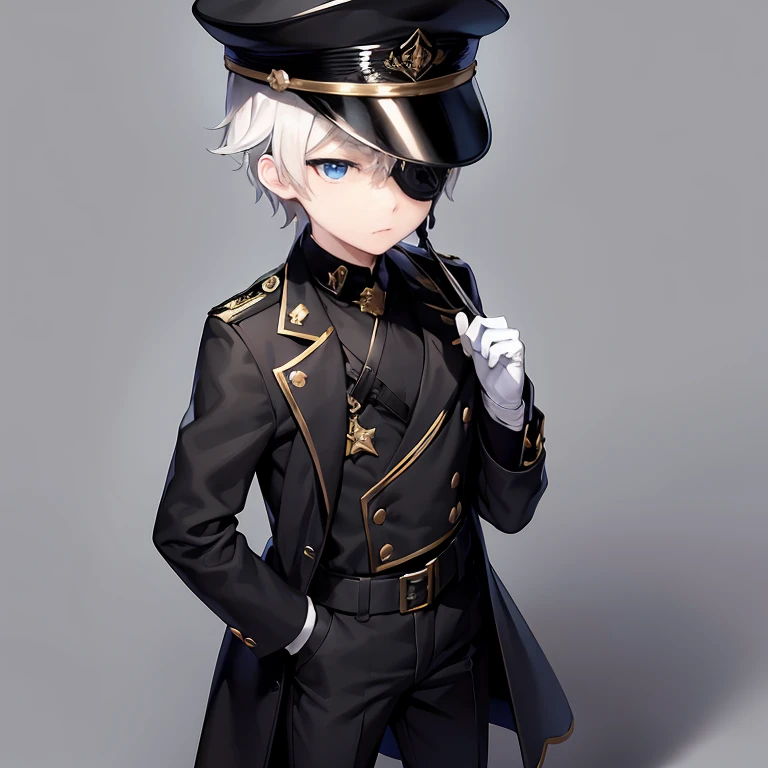 young boy with an expressionless and serious face of short stature, short white curly hair, blue eyes, he wears an eyepatch that covers his left eye, he has a long black demon tail that ends in a serrated tip, he wears a black pilot's hat , white gloves on both hands, a black trench coat, dark pants, and black combat boots.