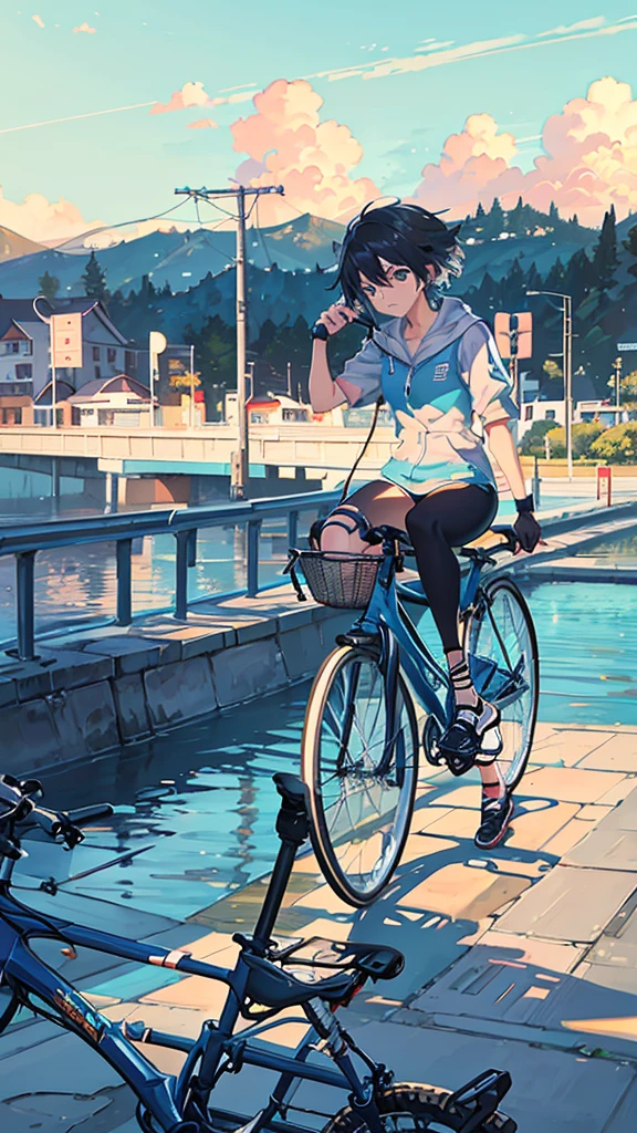 There was a bicycle parked on the side of the road near the water., Detailed digital illustrations, Makoto Shinkai Cyril Rolando, city background, Detailed 2D illustrations, Stylish digital illustrations, phone wallpaper, amazing wallpaper, in the form of digital illustrations, background artwork, Phone Background, Detailed digital painting, Lo-fi illustration style, bicycle in the background, landscape art