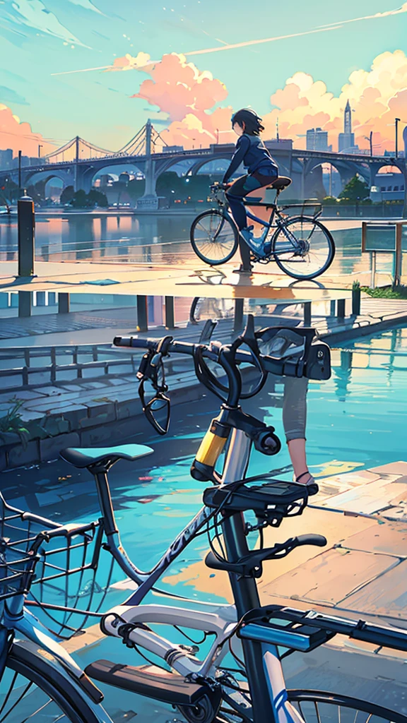 There was a bicycle parked on the side of the road near the water., Detailed digital illustrations, Makoto Shinkai Cyril Rolando, city background, Detailed 2D illustrations, Stylish digital illustrations, phone wallpaper, amazing wallpaper, in the form of digital illustrations, background artwork, Phone Background, Detailed digital painting, Lo-fi illustration style, bicycle in the background, landscape art