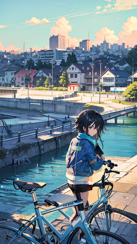 There was a bicycle parked on the side of the road near the water., Detailed digital illustrations, Makoto Shinkai Cyril Rolando, city background, Detailed 2D illustrations, Stylish digital illustrations, phone wallpaper, amazing wallpaper, in the form of digital illustrations, background artwork, Phone Background, Detailed digital painting, Lo-fi illustration style, bicycle in the background, landscape art