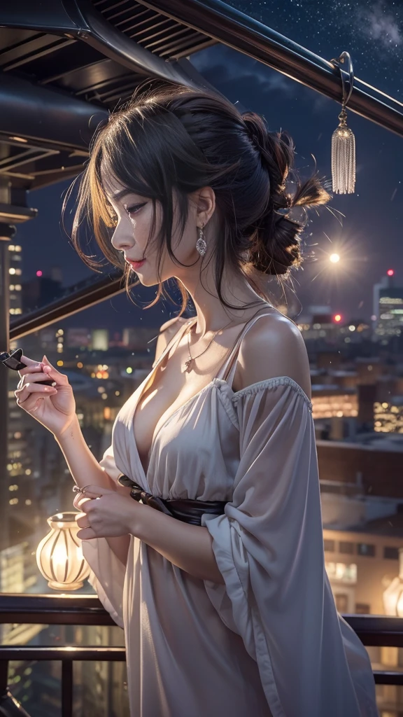 (32k:1.5, Highest quality, masterpiece, Ultra-high resolution), Professional camera work:1.6, Very detailedな肌と顔の質感:1.3, Captivating portrait:1.2, Very accurate, Very detailed, 2 adult females:1.0, ((Amazing night view from the rooftop:1.4, The moonlight at night illuminates my body)), (Satin Nightgown:0.7), Incredibly slim body, Sensual sitting position, sense of loss, sorrow, sorrowの表現, (Big eyes that exude beautiful eroticism:0.4, Small face, A dreamy look:1.0, I love you with all my heart:0.8, Please open your mouth a little, lipstick, Feel the beautiful eroticism:0.9), (Wet dark brown medium length hair), Candles, The chest is medium, Earrings, necklace, bracelet, (romantic, mysterious), Fair skin, elegant, Object of admiration, original, dramatic, Artistic, Innovative, charm, Heartful, Fancy, sense of openness, sense of cleanliness, special, exciting, Extreme, Tilt, ((大人のcharm, 女性的なcharm, Hair blowing in the wind)