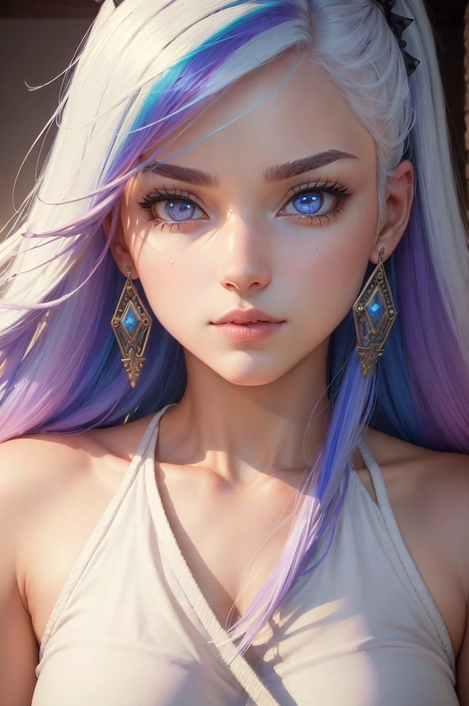 ((high quality, masterpiece:1.4)), 1girl, upper body, gym clothes, white hair, rainbow colored hair, gradient hair, pretty face, beautiful face, beautiful eyes, beautiful girl, pretty girl, perfect facial shape, absurdres, realistic proportions, dynamic pose, high details, intricate, intricate details, realistic eyes, realistic eye proportions, sharp focus, 32k, realistic lighting, extreme details, realistic pupils, realistic proportion eyes, realistic proportions pupils, realistic shadows, evafie