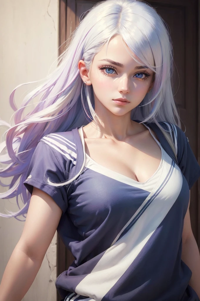 ((high quality, masterpiece:1.4)), 1girl, upper body, gym clothes, white hair, rainbow colored hair, gradient hair, pretty face, beautiful face, beautiful eyes, beautiful girl, pretty girl, perfect facial shape, absurdres, realistic proportions, dynamic pose, high details, intricate, intricate details, realistic eyes, realistic eye proportions, sharp focus, 32k, realistic lighting, extreme details, realistic pupils, realistic proportion eyes, realistic proportions pupils, realistic shadows, evafie