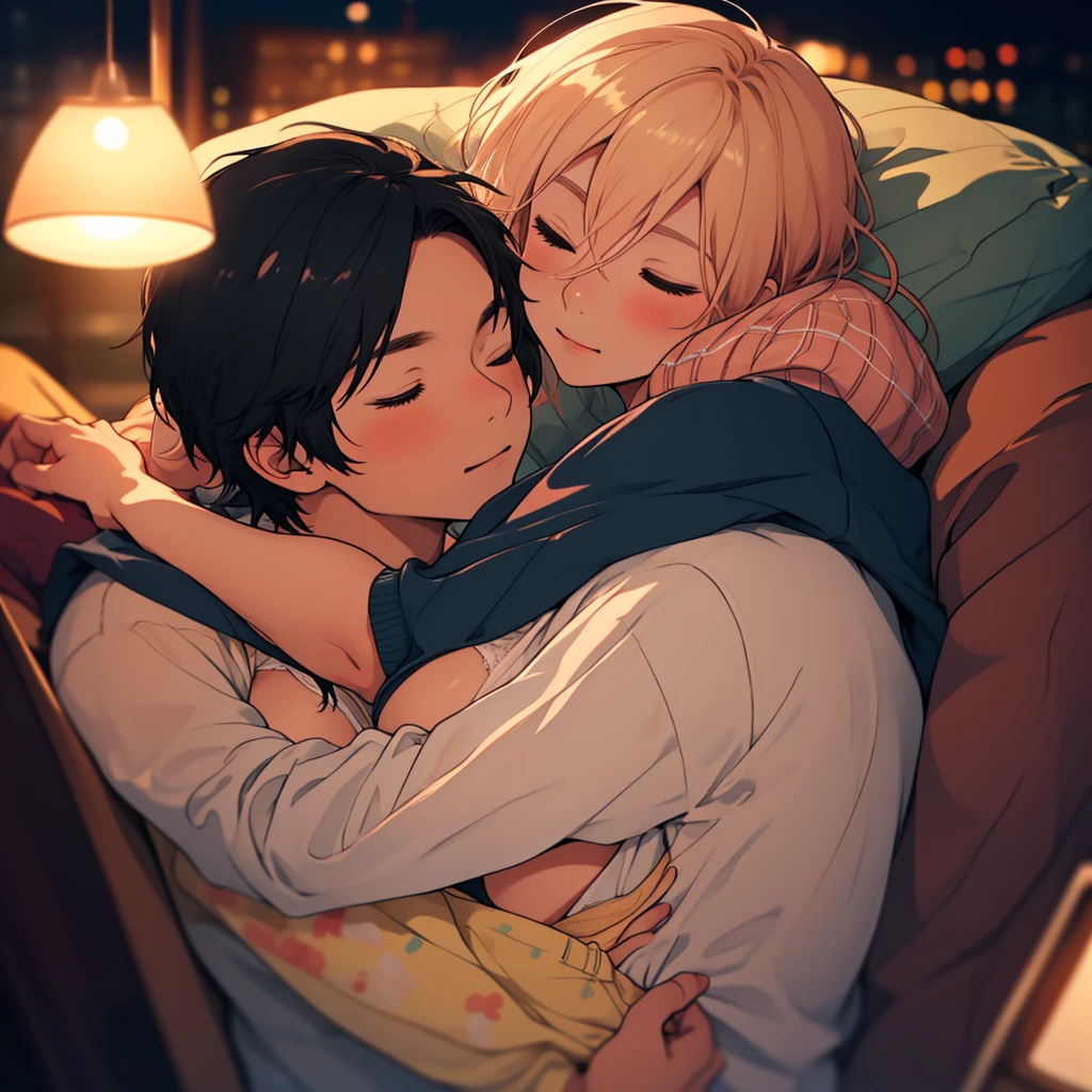 1 man, 1 woman, sleeping together, cute, romantic, comfy clothing, night time, underboob,
masterpiece, overhead sharp lighting, high detail, clarity, multilevel detailing, blurry background,