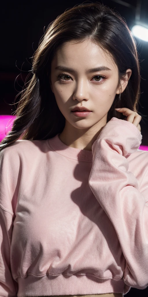 high angle photo of a gorgeous young woman in the style of cyberpunk, realistic skin texture, looks up,pink sweatshirt,posing on a car, 1 / 2 body crop, 8 5 mm art lens, f 1. 2, sharp focus, 8 k high definition, insanely detailed, intricate, elegant, art by stanley lau and cyberpunk