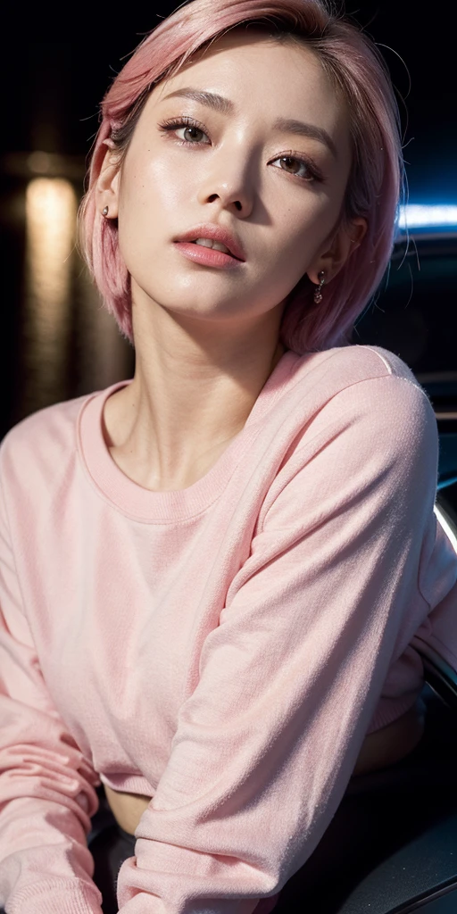 high angle photo of a gorgeous young woman in the style of cyberpunk, realistic skin texture, looks up,pink sweatshirt,posing on a car, 1 / 2 body crop, 8 5 mm art lens, f 1. 2, sharp focus, 8 k high definition, insanely detailed, intricate, elegant, art by stanley lau and cyberpunk