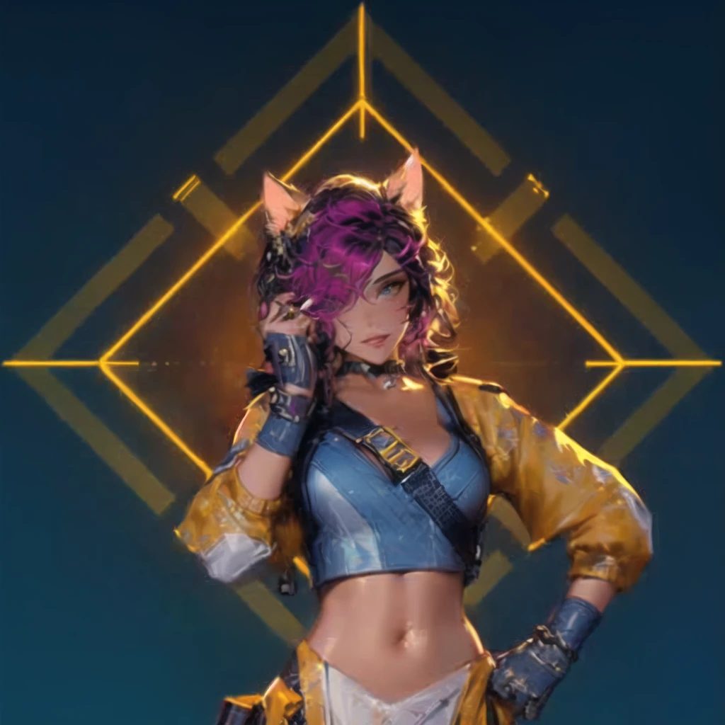 A closeup of a person in a cat costume, Loba Andrade, her clothing has a kind of yellow color and is showing her cleavage and her chest, He is raising his left arm over his head and his right arm is resting on his waist., apex legends, Apex Legends character, in the style of apex legends, inspired by Jules Chéret, apex legends portrait, valuing character, there is mystery, arcane faux pas portrait, as supervisory character, Starfinder Style, Official character art