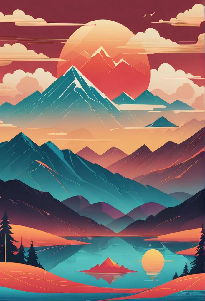 pine,A Thousand Miles of Rivers and Mountains,Lacquer、relief、mountains,gold foil,Minimalist composition of Alpine landscapes、red sky solid collustration, with words in the sky:(TONABNEHMER)