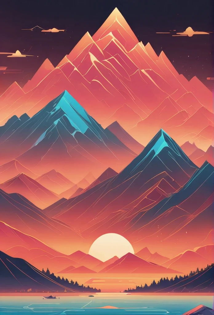 pine,A Thousand Miles of Rivers and Mountains,Lacquer、relief、mountains,gold foil,Minimalist composition of Alpine landscapes、red sky solid collustration, with words in the sky:(TONABNEHMER)