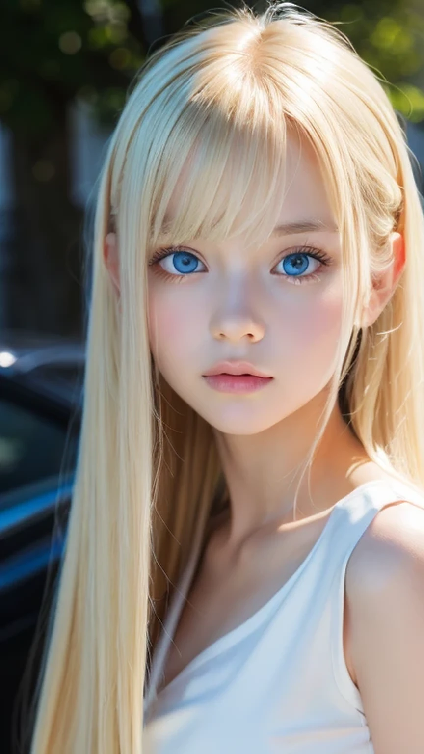 Highest quality、masterpiece、(Realistic:1.4)、One very beautiful blonde girl、Dazzlingly long, super long straight silky platinum blonde、Bangs between the eyes、bangs on the face、Big, very bright light blue eyes that shine so beautifully、Very big eyes、front、Detailed face、Beautiful Eyes、Small Face Beauty、14 year old beautiful girl、Cheek gloss highlighter、Round face