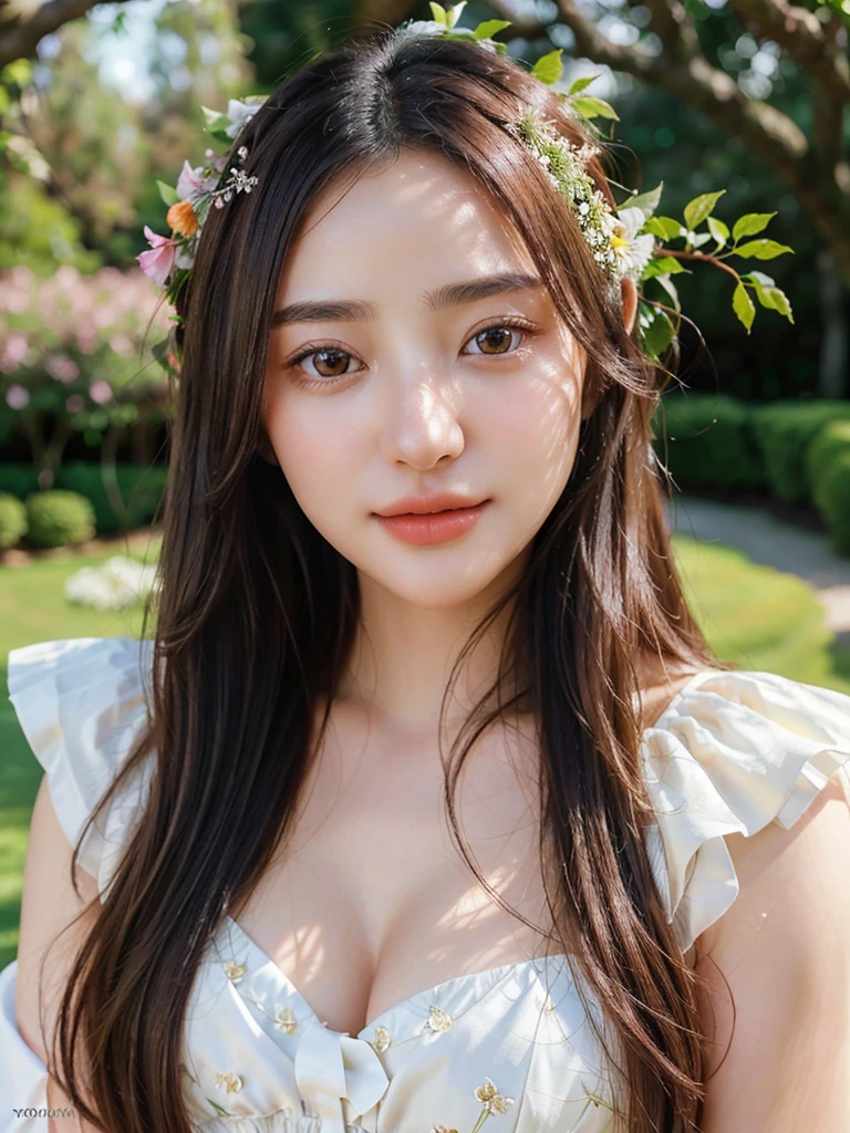 a beautiful 20 year old girl, long flowing hair, big round eyes, small nose, full lips, delicate facial features, elegant dress, serene expression, standing in a lush garden, sunlight filtering through the trees, flowers blooming all around, birds singing, cinematic lighting, vibrant colors, intricate details, photorealistic, (best quality, 4k, 8k, highres, masterpiece:1.2), ultra-detailed, (realistic, photorealistic, photo-realistic:1.37), detailed eyes, detailed lips, extremely detailed face, long eyelashes, elegant pose, dreamy atmosphere, natural environment, vibrant colors, warm lighting