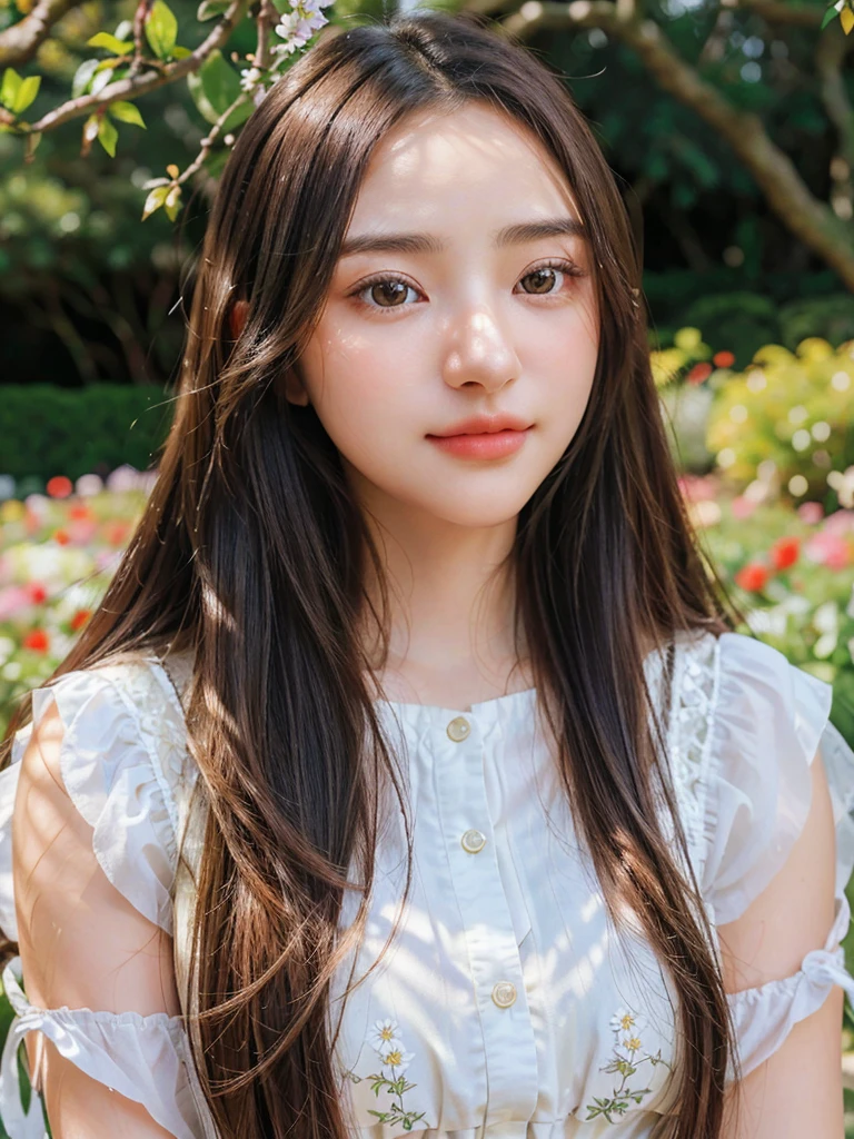 a beautiful 20 year old girl, long flowing hair, big round eyes, small nose, full lips, delicate facial features, elegant dress, serene expression, standing in a lush garden, sunlight filtering through the trees, flowers blooming all around, birds singing, cinematic lighting, vibrant colors, intricate details, photorealistic, (best quality, 4k, 8k, highres, masterpiece:1.2), ultra-detailed, (realistic, photorealistic, photo-realistic:1.37), detailed eyes, detailed lips, extremely detailed face, long eyelashes, elegant pose, dreamy atmosphere, natural environment, vibrant colors, warm lighting