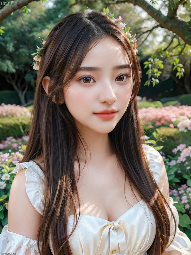 a beautiful 20 year old girl, long flowing hair, big round eyes, small nose, full lips, delicate facial features, elegant dress, serene expression, standing in a lush garden, sunlight filtering through the trees, flowers blooming all around, birds singing, cinematic lighting, vibrant colors, intricate details, photorealistic, (best quality, 4k, 8k, highres, masterpiece:1.2), ultra-detailed, (realistic, photorealistic, photo-realistic:1.37), detailed eyes, detailed lips, extremely detailed face, long eyelashes, elegant pose, dreamy atmosphere, natural environment, vibrant colors, warm lighting