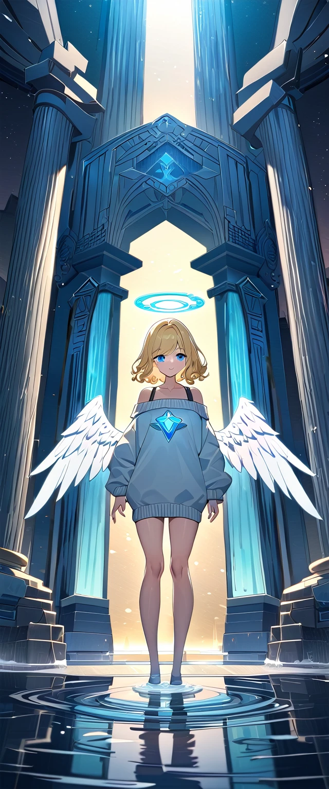((angel, big big white wings:1.3, halo:1.3)), ((sea)), (((looking down))), (((from below))), ((flying in the sky)), archangel Uriel, ((wavy hair, outward curled hair)), evening, Sunset, ((blond hair, bob cut:1.3)), breasts, ager, (looking at viewer), oversized clothes, puffy long sleeves, collarbone, ((off-shoulder sweater:1.3, Quite thick shoulder straps)), ((white sweater)), collarbone, head tilt:1.3, (((blue eyes))), (water temple, crystal clear water:1.3), (crystal, reflective, glowing, waterlogged floor, fountain:1.5), (waterfall), (crystal textured interior), (water ripples:1.3), (clear blue crystal pillars:1.2), (geyser, indoor), (ice floor, ice wall:1.2), (light blue glowing:1.3), ((happy smile)), (((anime style))), (best quality, 4K, 8K, highres, masterpiece:1.2, ultra-detailed, ultra-detailed eyes, HDR, uhd, studio lighting, ultra-fine painting, sharp focus, physically-based rendering, extreme detail description, professional, vivid colors, bokeh)