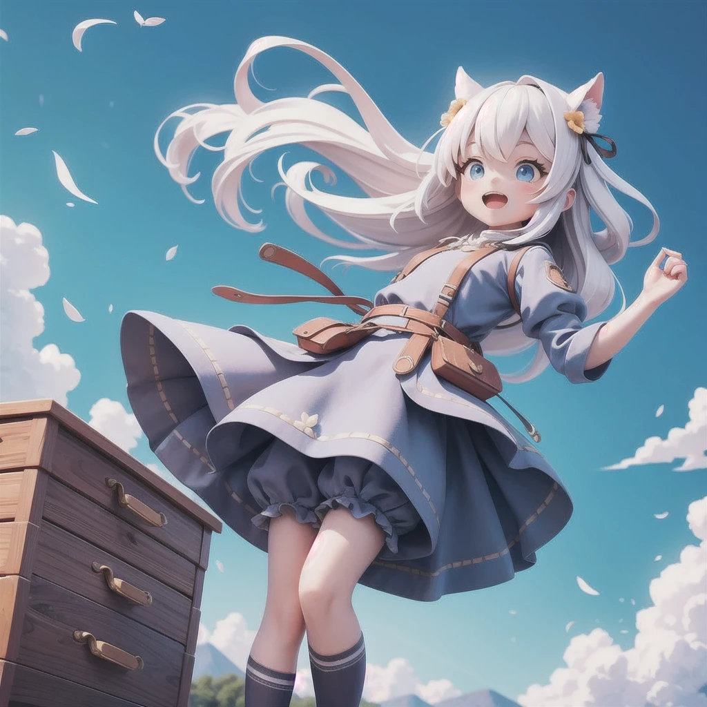 girl 、Medieval dress with panniers、Fabric Realism、Low Angle、wear bloomers、You can see the drawer、Pull up the hem of your dress with your hands、Strong winds、blue sky