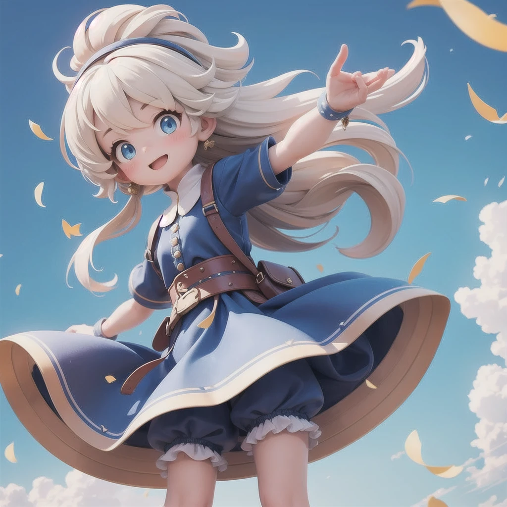girl 、Medieval dress with panniers、Fabric Realism、Low Angle、wear bloomers、You can see the drawer、Pull up the hem of your dress with your hands、Strong winds、blue sky