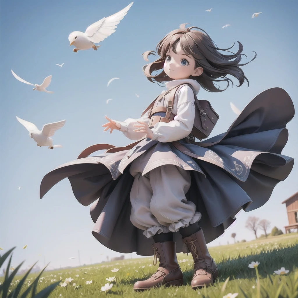 girl 、Medieval dress with panniers、Fabric Realism、Low Angle、wear bloomers、You can see the drawer、Pull up the hem of your dress with your hands、Strong winds、blue sky